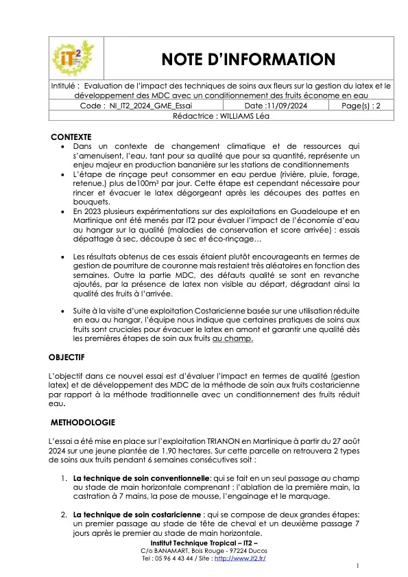 Evaluation de l’impact des techniques de soins aux fleurs sur la gestion du latex et le développement des MDC (NI_IT2_2024_GME_essai-sur-levaluation-des-techniques-de-soins-fleurs-sur-la-gestion-du-latexMDC)